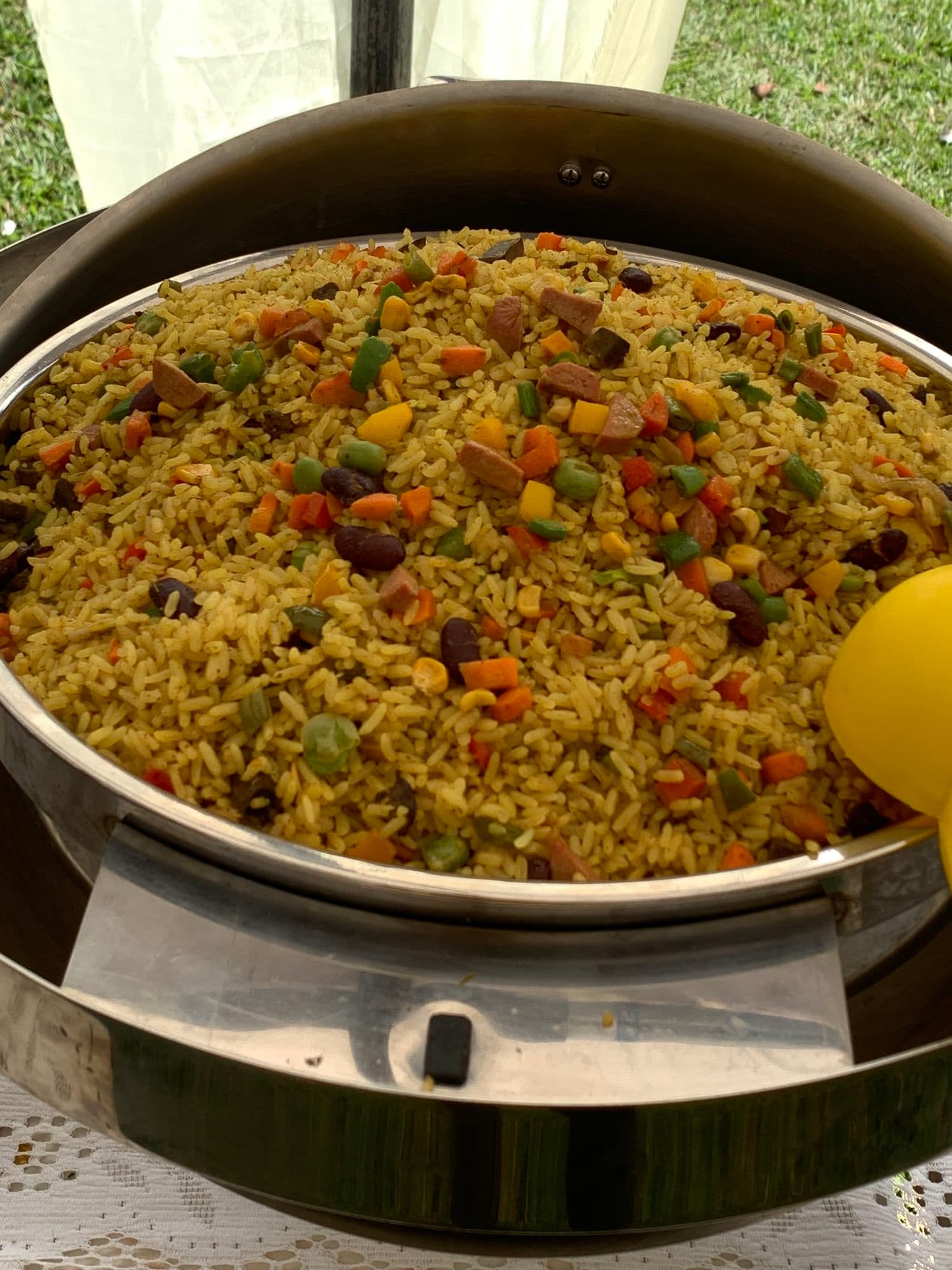 Fried rice with mixed vegetables in a serving dish